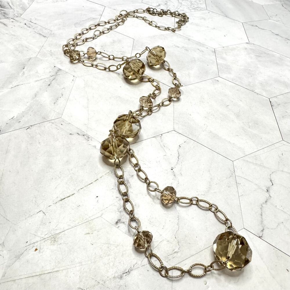 Vtg Faceted Crystal Necklace Champagne Bead Long Gold Tone Chain Stations